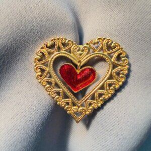 Heart Brooch Gold Tone Filigree Red Enamel Dangle Vintage Style 2”